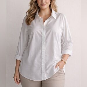 Talbots White Poplin 18W Button up Shirt 3/4 Sleeve Cotton Wrinkle Resistant NEW